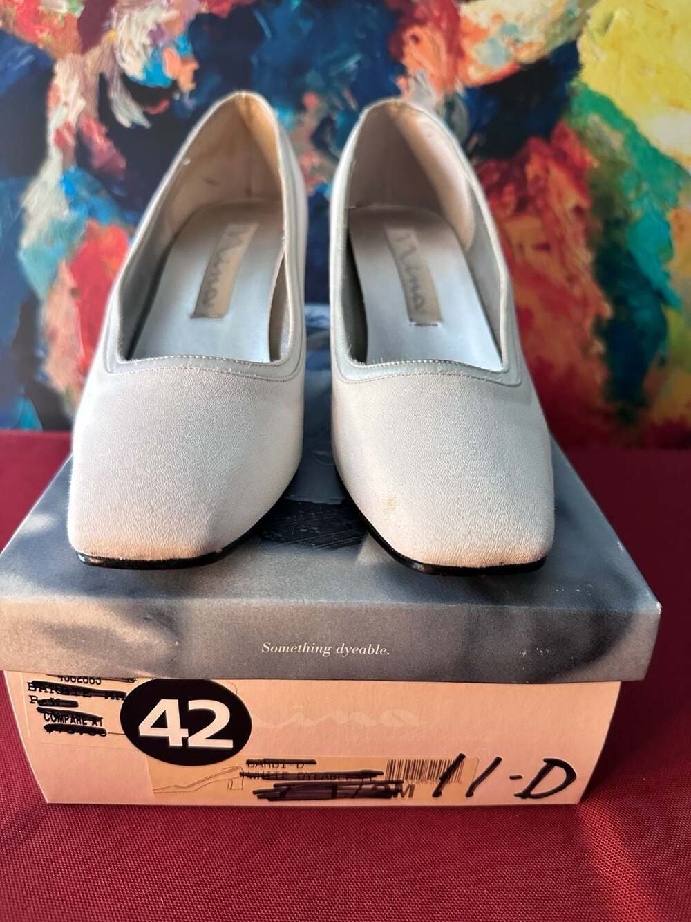 No.42 Nina White Dyeable Satin Square Toe Block Heel Pump Shoes Size 11
